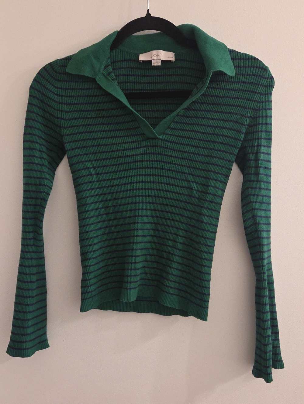LOFT Green and Navy Striped Ribbed Polo Top In Size XSP
